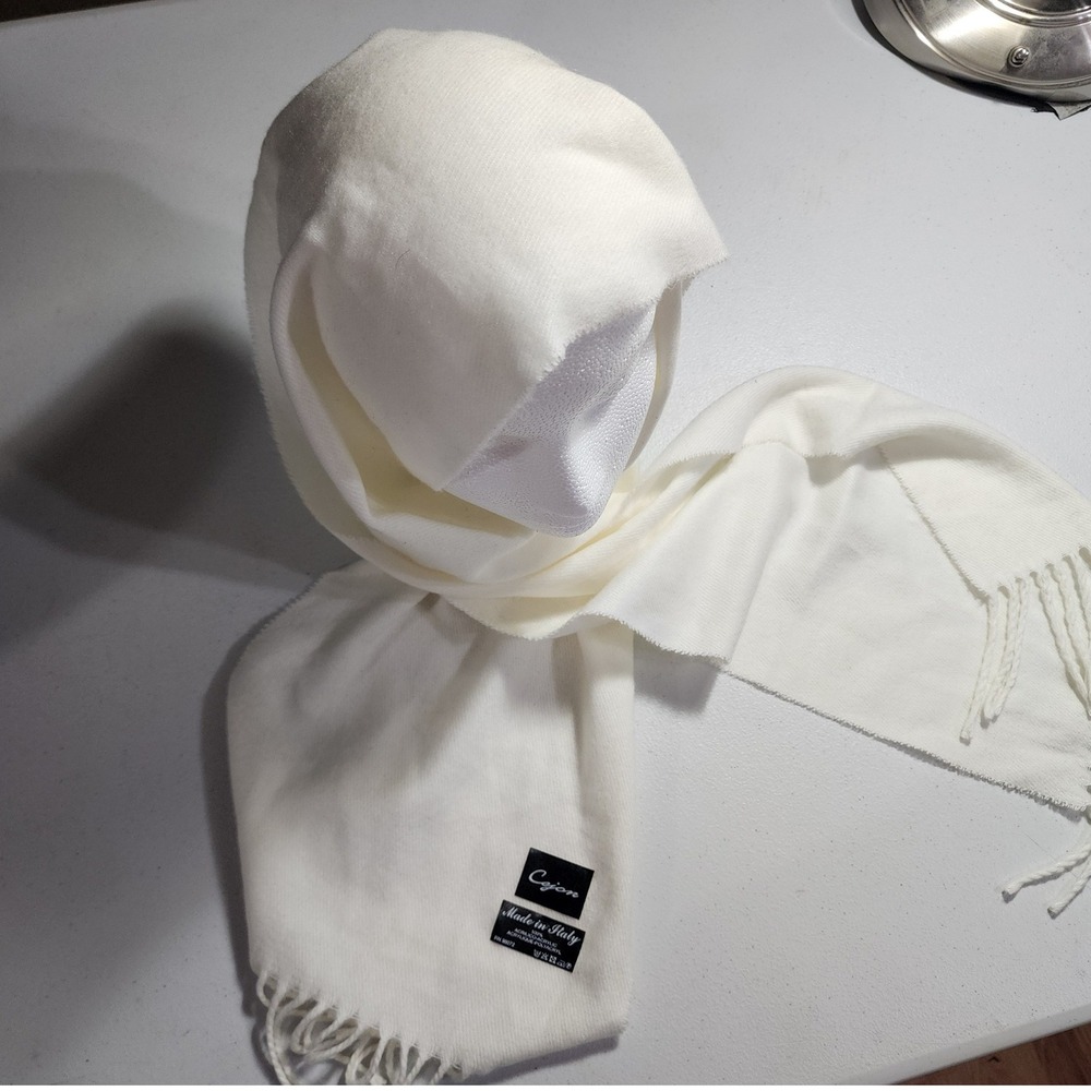 Cejon Cream White Knit Scarf Made in Italy Fringe Trim Soft Acrylic Wrap